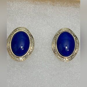 14k Yellow Gold Earrings bezel  Lapis Lazuli Oval Cabochon 7.22g